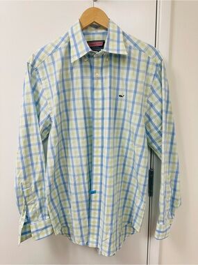 Vineyard Vines Light Blue & Lime Plaid Button-Down Shirt